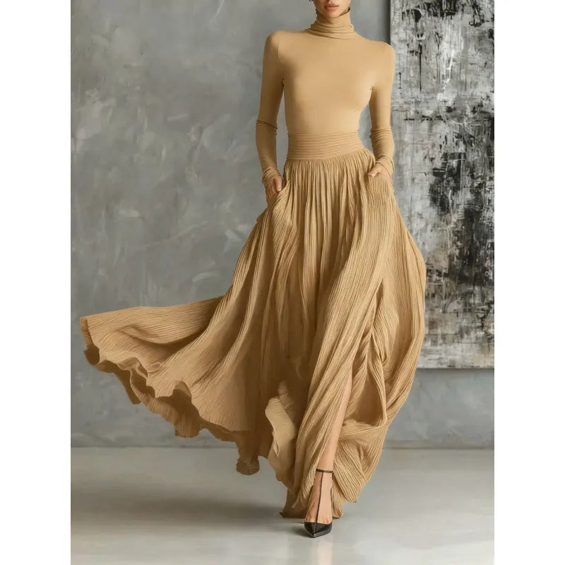 Slim Maxi Dress for Women – Pleated &amp; Ruched Lightweight Fabric