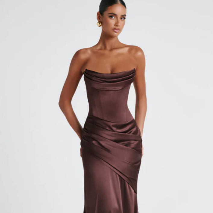 Satin Maxi Dress – Strapless Ruched Bodycon Evening Gown