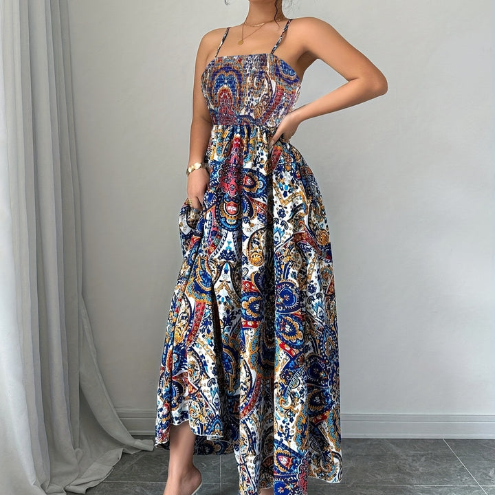 Floral Maxi Dress – Smocked Bustier Adjustable Straps Boho