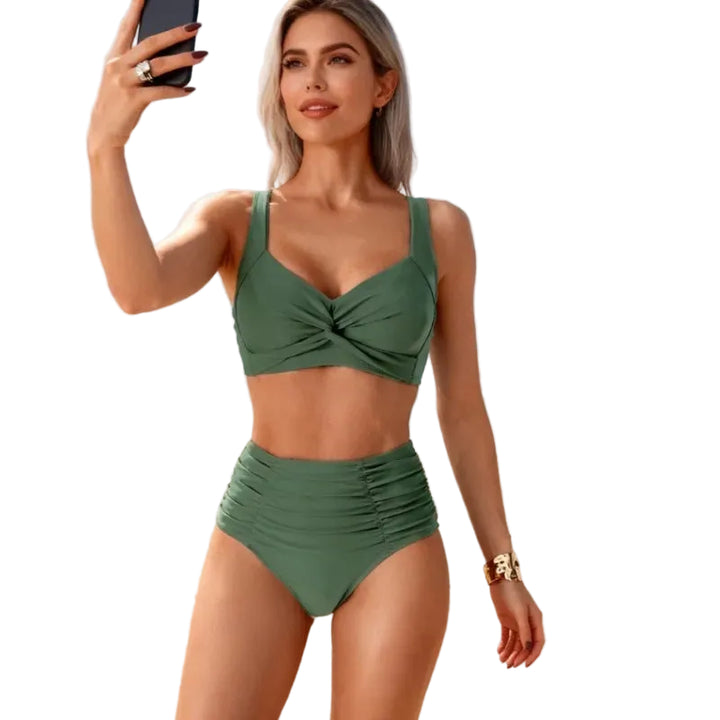 High-Waist Ruched Bikini Set – Twist-Front Top