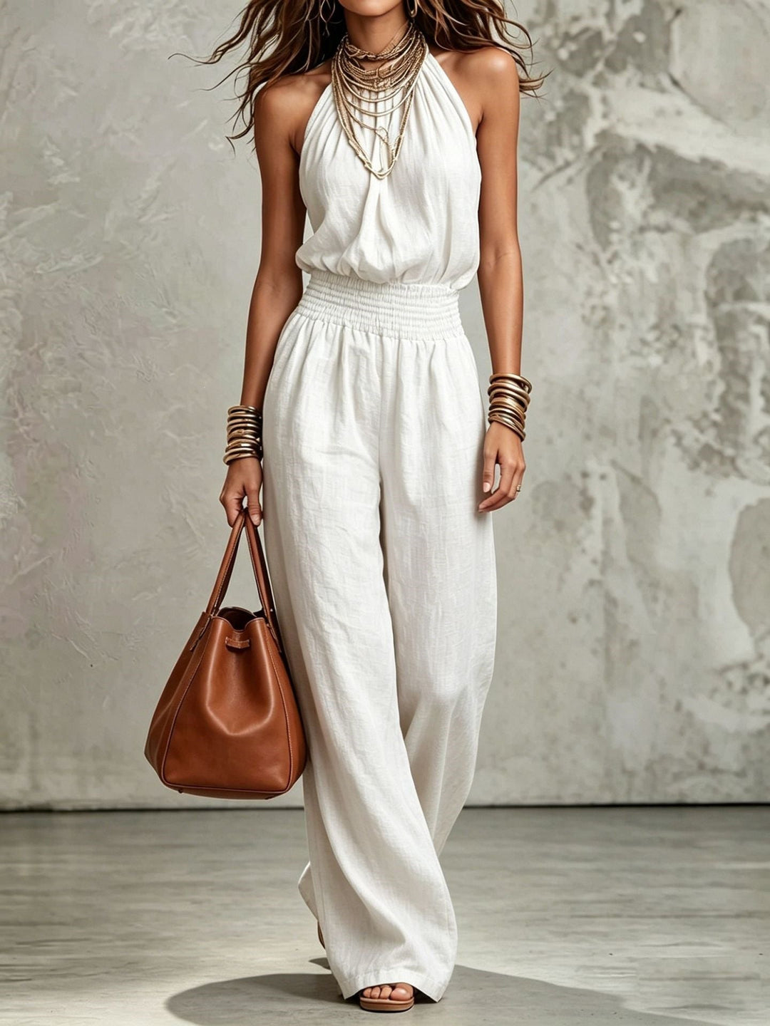 Women's Halter Neck Jumpsuit – Smocked Waist & Wide-Leg Fit