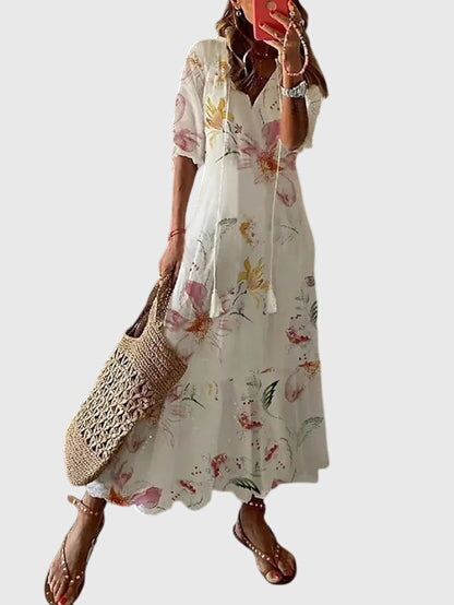 Women's Boho Vintage Maxi Dress V-Neck – Short Sleeve Summer Style