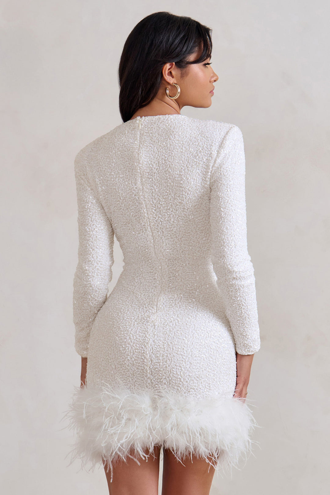 Women's Feather Hem Mini Dress High Neck – Long Sleeve Bodycon Evening