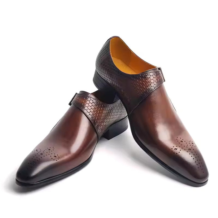 Men's Cowhide Leather Monk Strap Dress Shoe – Pointed Carved Detail