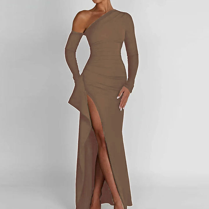 Women's Asymmetric One Shoulder Ruched Maxi Dress – Side Slit