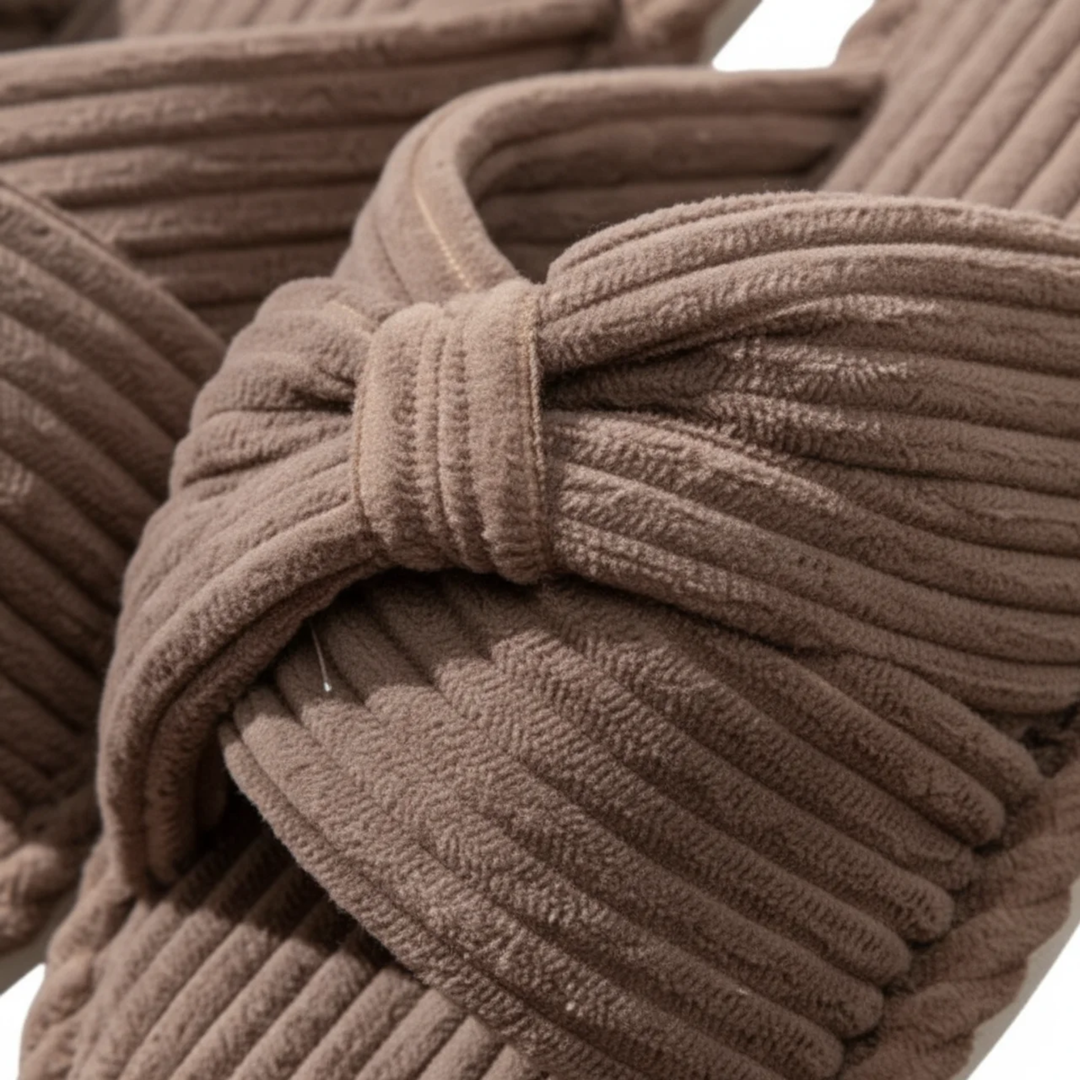 Women's Slippers – Corduroy Open Toe Slip-On with Bow Detail