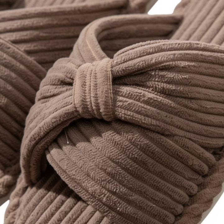 Women's Slippers – Corduroy Open Toe Slip-On with Bow Detail