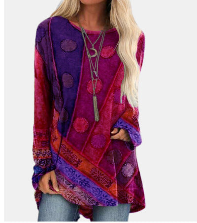 Boho Long Sleeve Oversized Top – Ethno Patchwork Print