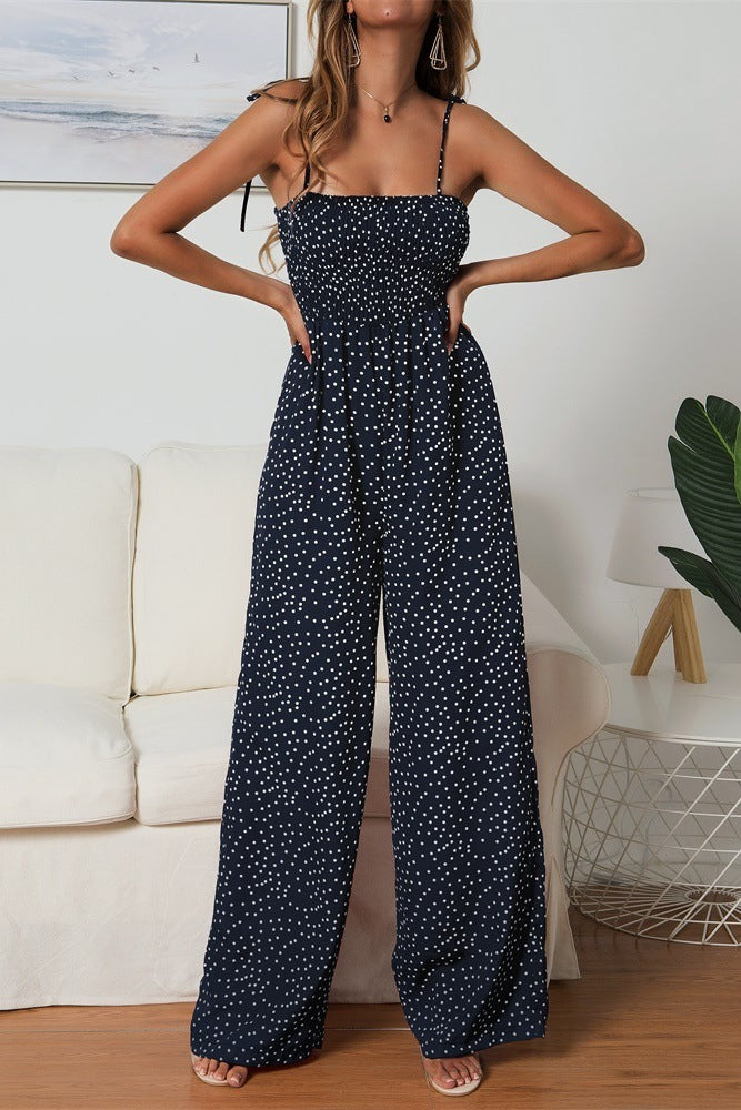 Women's Wide Leg Jumpsuit – Smocked Bodice & Spaghetti Straps