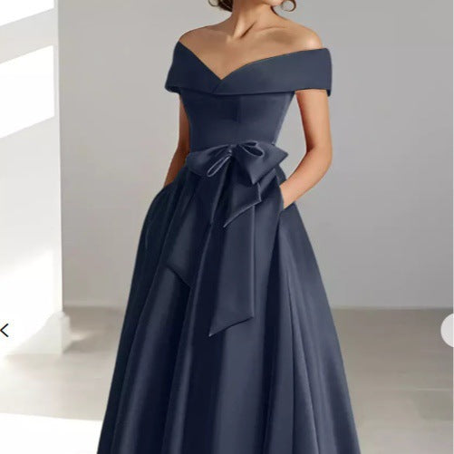 Mother of the Bride Dress Satin A-Line – Off-Shoulder Ankle Pockets