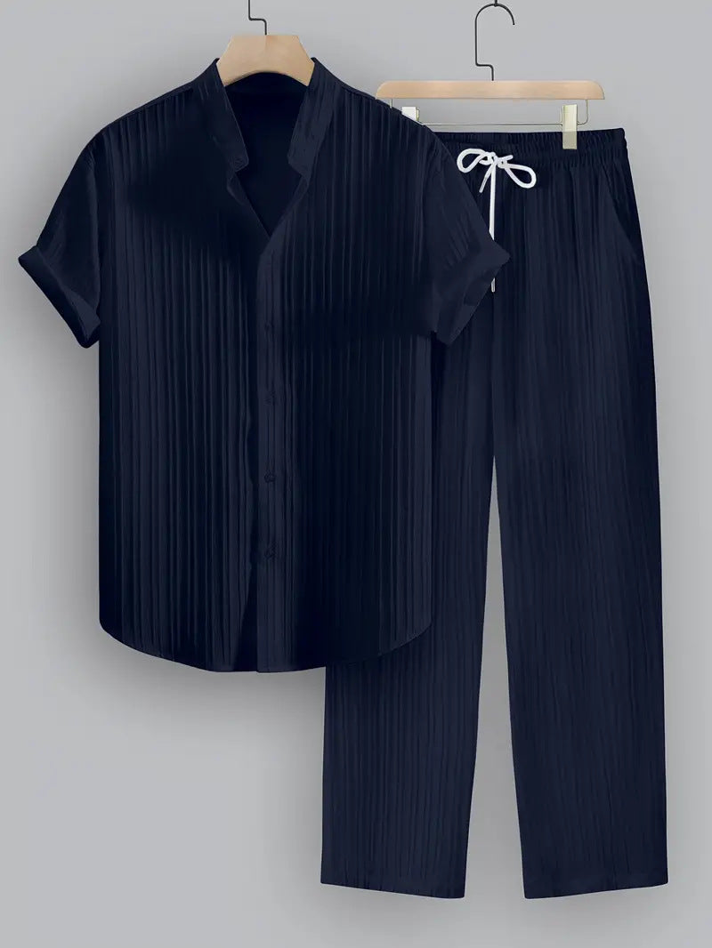 Men's Two Piece Set – Textured Stripe Shirt & Drawstring Trousers