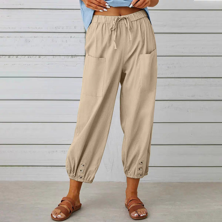 Women's Linen Cropped Pants – Drawstring Waist & Button Hem