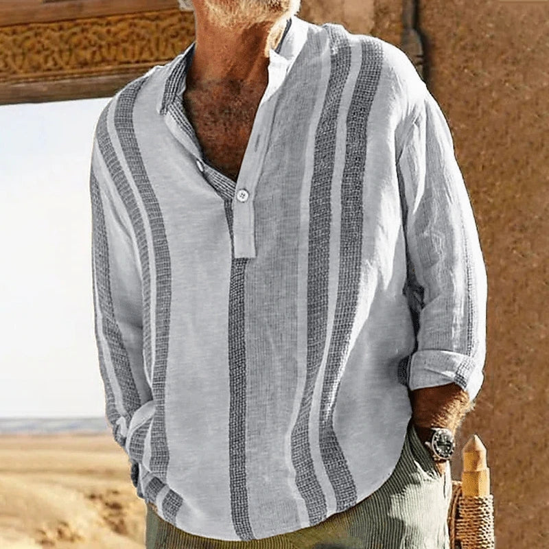 Men's Linen-Look Shirt Stand Collar Short Sleeve – Relaxed Casual