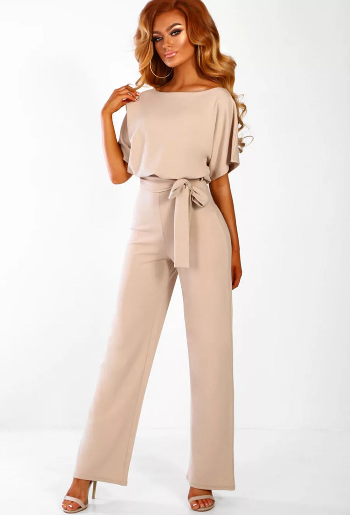 Women's High Waist Wide Leg Jumpsuit – Lace-Up Boat Neck Flutter Sleeve