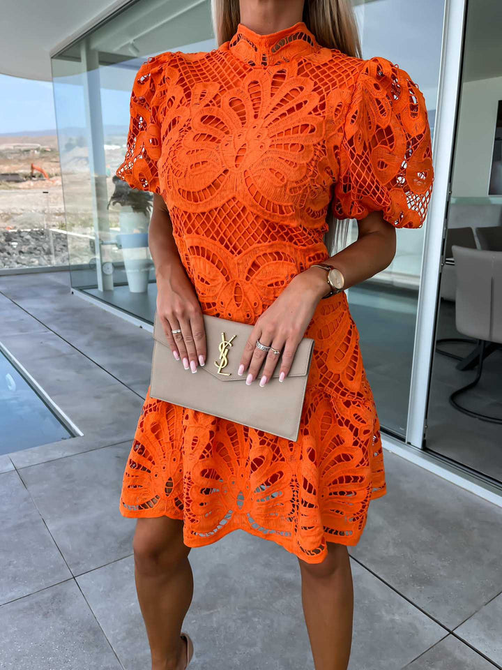 Lace Mini Dress – High Neck Puff Sleeve Cocktail Dress