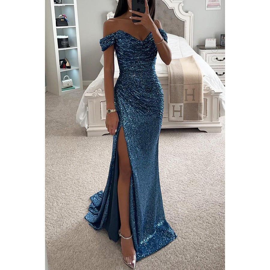 Sequin Maxi Dress – Off-Shoulder High Slit Gala Gown