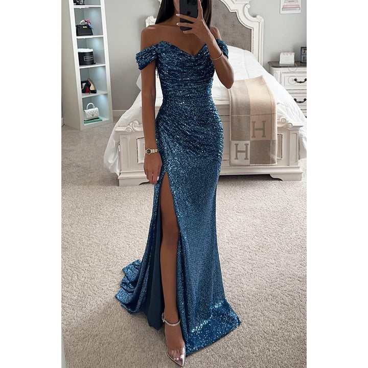 Sequin Maxi Dress – Off-Shoulder High Slit Gala Gown