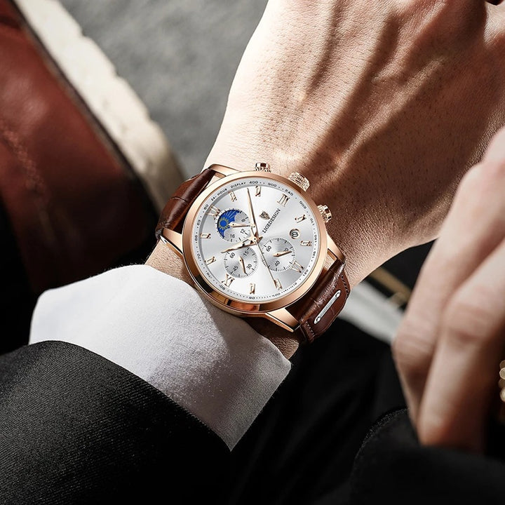 Men's Classic Leather-Look Strap Watch – Multifunction Dial