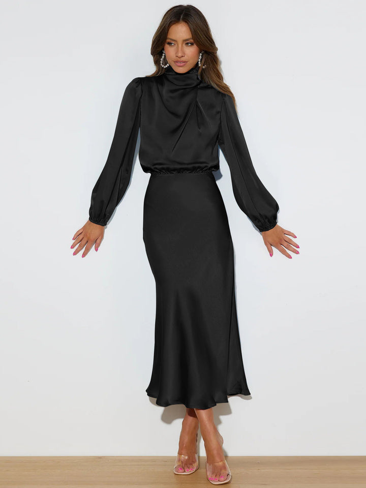 Satin Midi Dress – Long Sleeve High Neck Formal Style