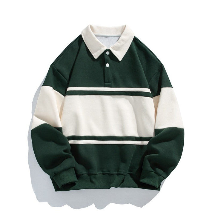 Men's Cotton Blend Sweatshirt – Polo Collar Contrast Panels Relaxed Fit