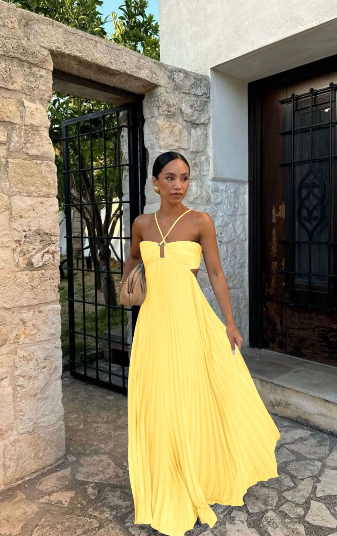Women's Halter Backless Pleated Maxi Dress – Open Back