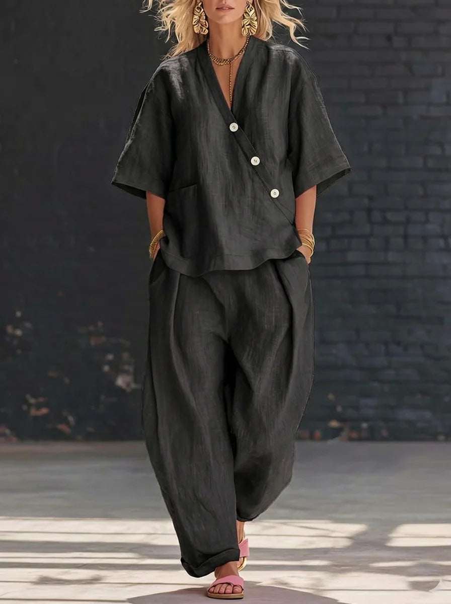 Women's Two Piece Set V-Neck Top & Wide-Leg Trousers