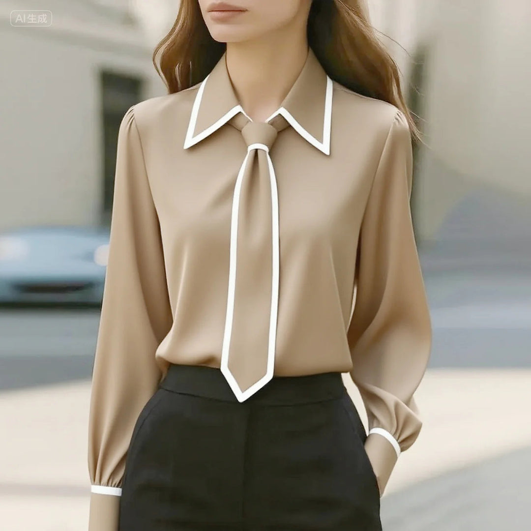 Tie Neck Blouse – Women's Contrast Trim Long Sleeve Top