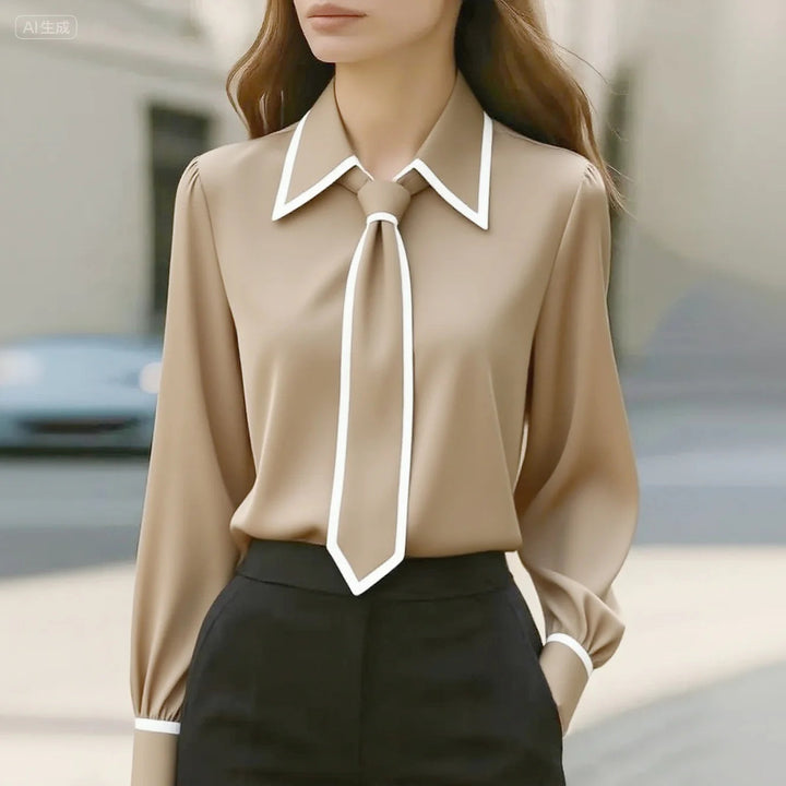 Tie Neck Blouse – Women's Contrast Trim Long Sleeve Top