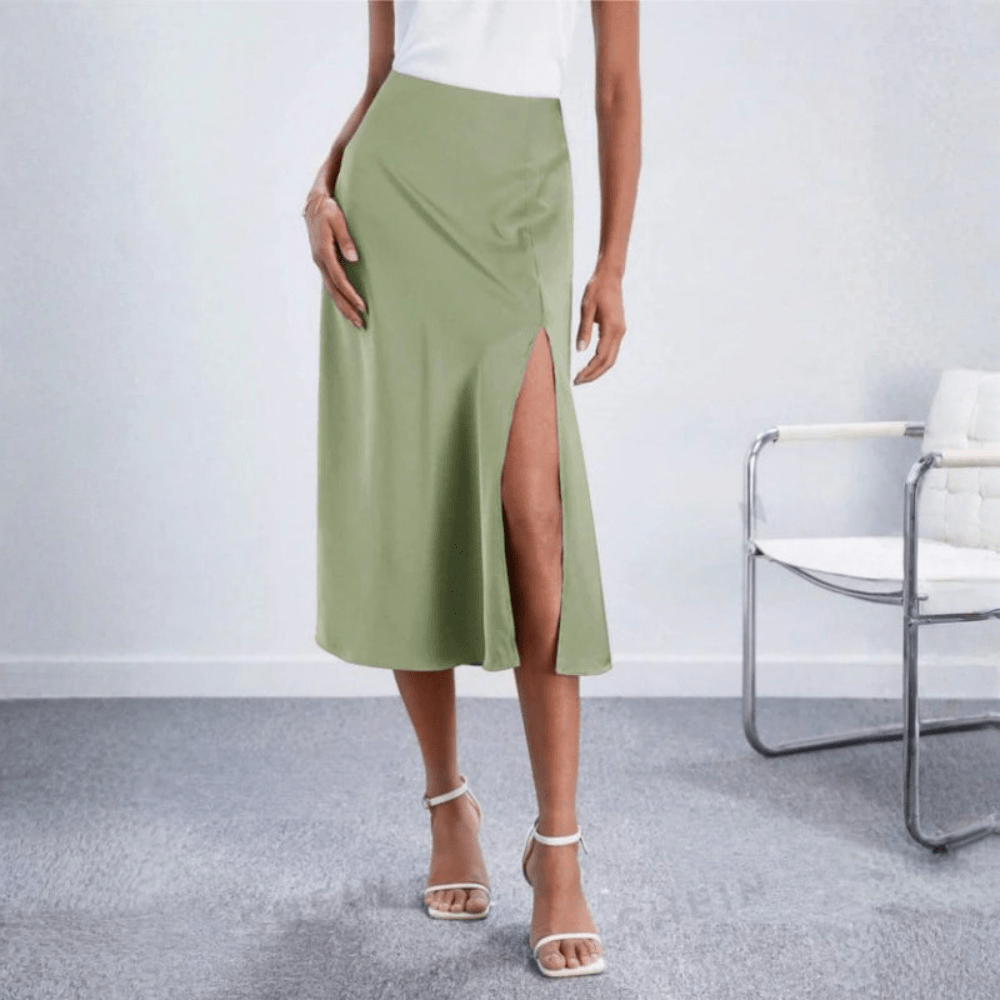 Women's Midi Skirt with Side Slit – High-Waisted Flowy Elegant