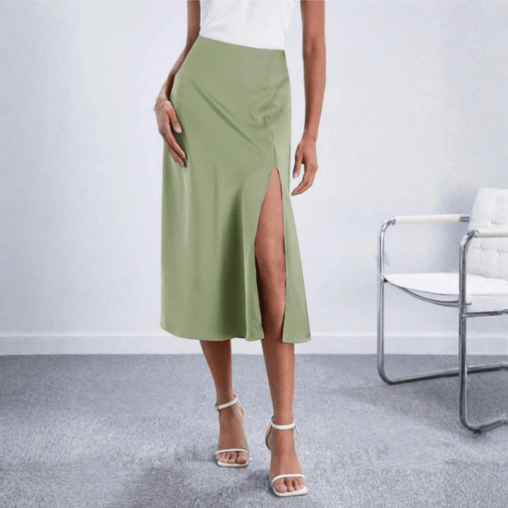Women's Midi Skirt with Side Slit – High-Waisted Flowy Elegant
