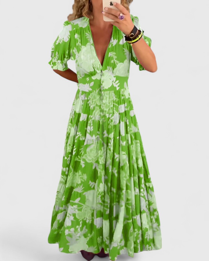 Women's Maxi Dress with Pockets – V-Neck Tiered Skirt
