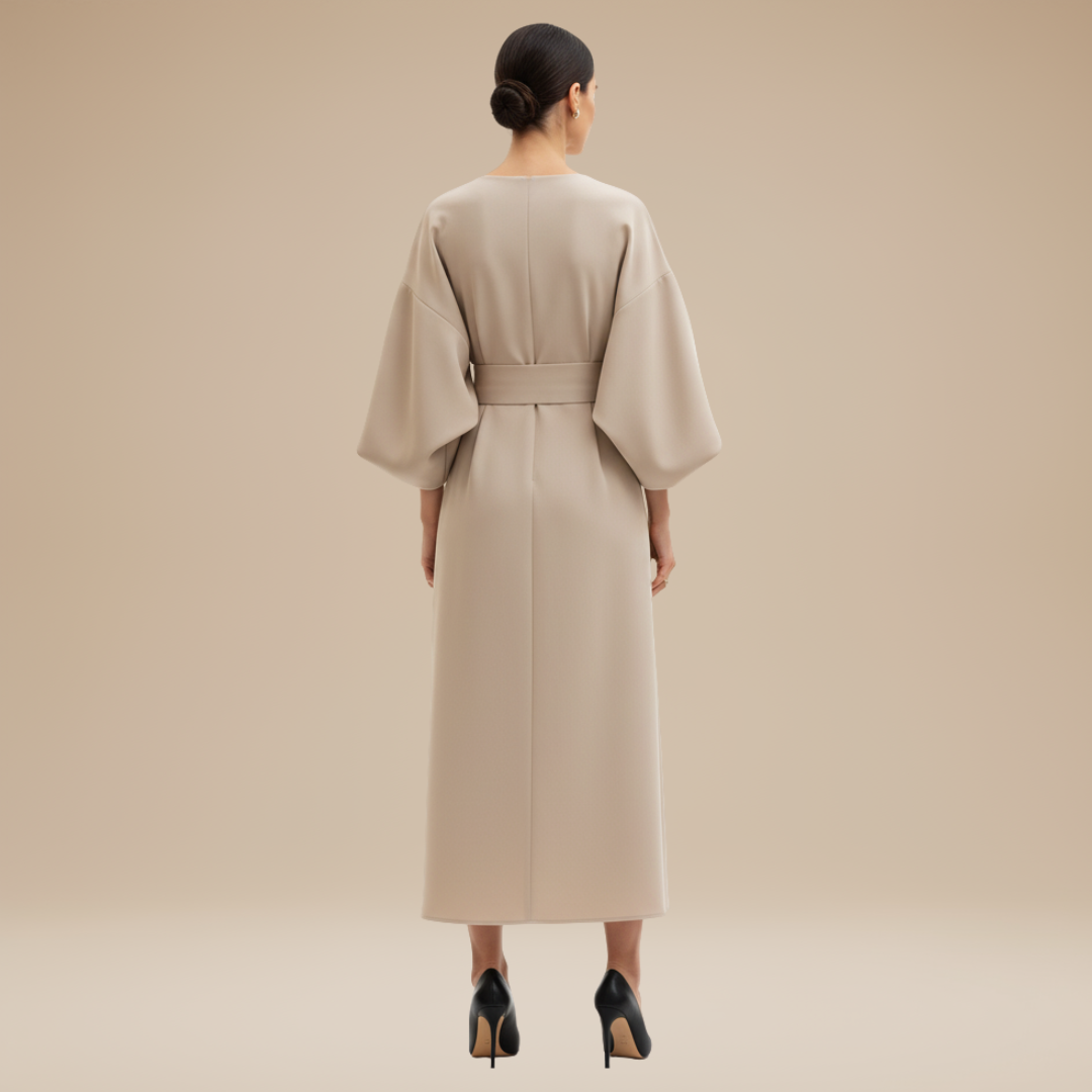 Women's Belted Wrap Midi Dress – Wide Flowing Sleeves Draped Waist