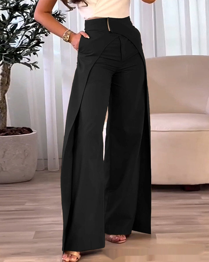 Women's Wide Leg Trousers – High-Waist Wrap Front with Floor-Length Split Hem