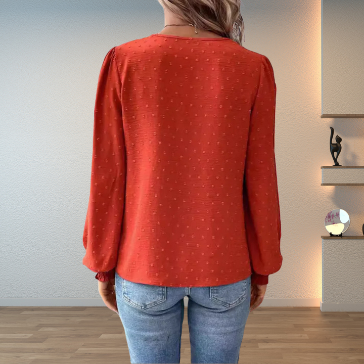 Embroidered V-Neck Blouse – Women's Gathered Sleeve Top