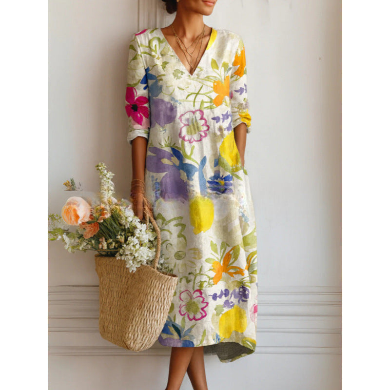 Printed Midi Dress – Women's Retro Art Pattern Relaxed Fit