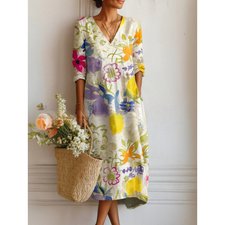 Printed Midi Dress – Women's Retro Art Pattern Relaxed Fit