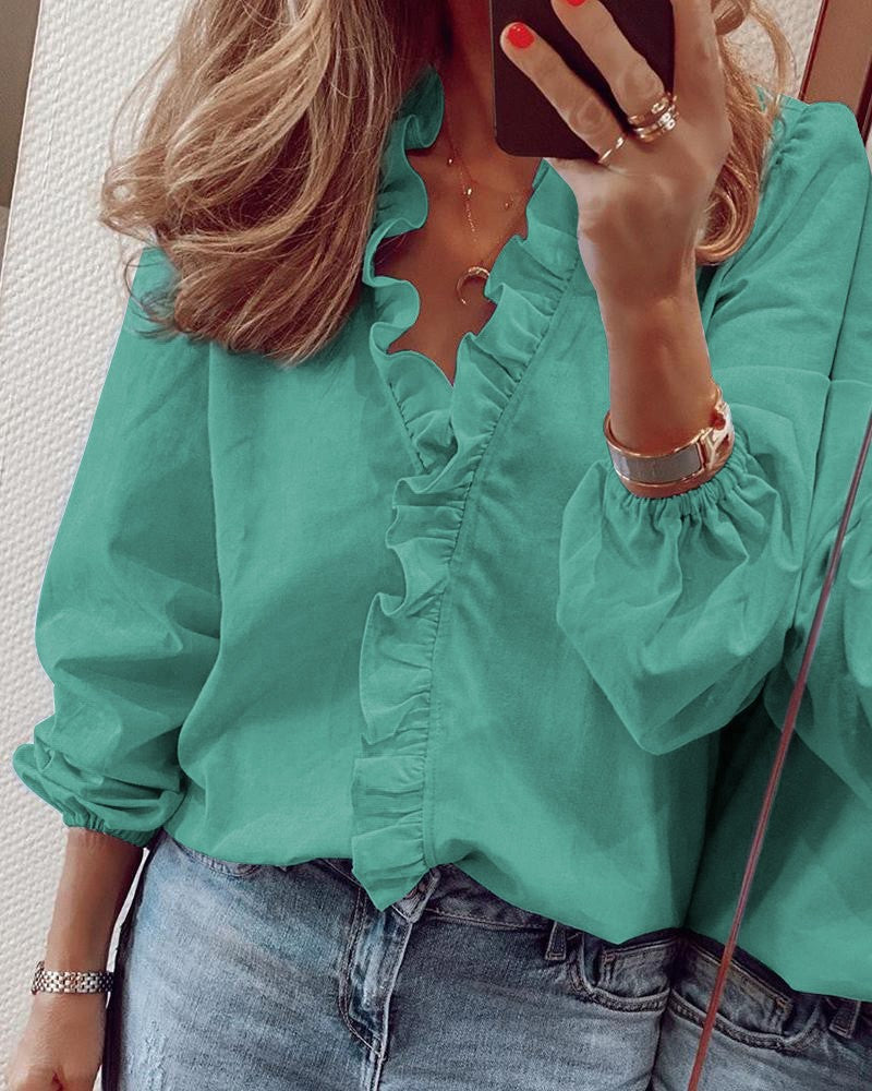 Women's Ruffle Front V-Neck Blouse Long Sleeve – Relaxed Elegant