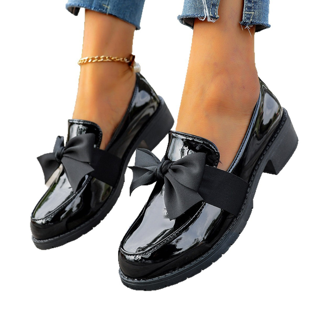 Women's Glossy Leather Bow Loafers – Moc-Toe Slip-On Platform Outsole