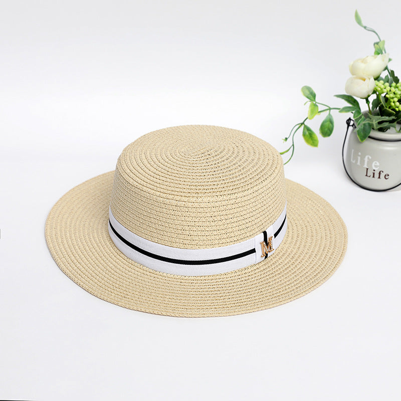 Flat Top Straw Hat – Rhinestone Wide Brim Sun Hat Women