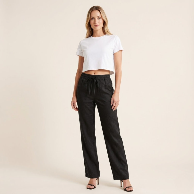 Wide Leg Linen Pants – Elastic Drawcord Waist Relaxed Fit
