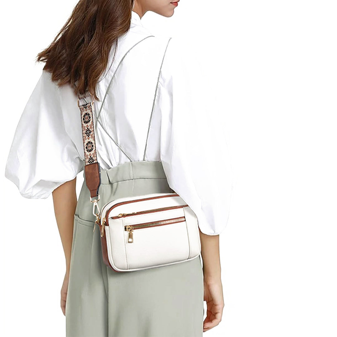 Women's Colorblock Crossbody Bag – Triple Zipper Embroidered Strap