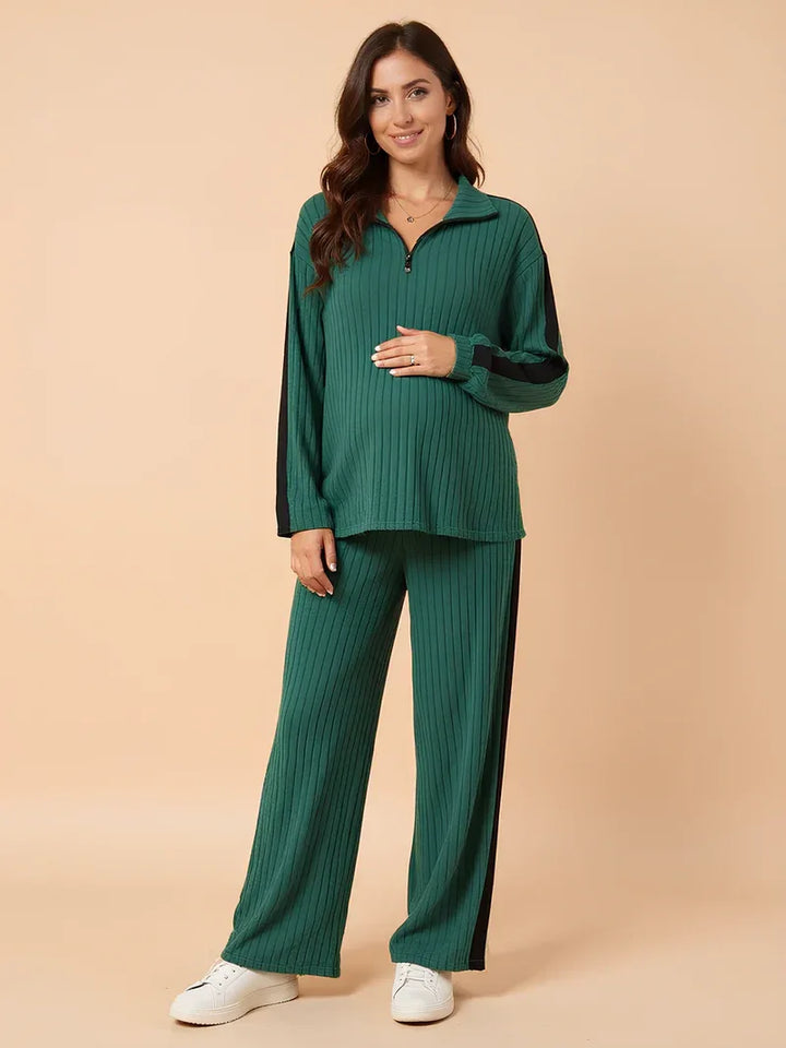 Maternity Two Piece Set – Ribbed Knit Zip Collar & Straight-Leg