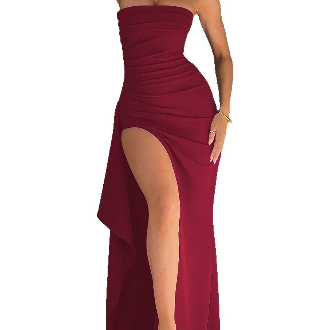Strapless Maxi Dress Bustier Ruched Front – High Slit Formal Evening