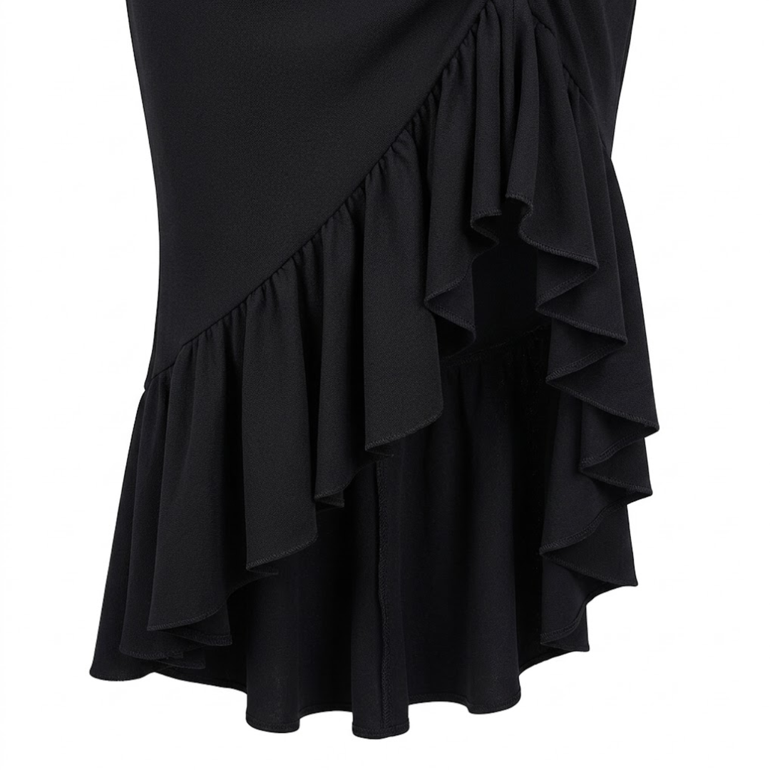 High-Low Maxi Dress – Ruched Side & Asymmetric Ruffle Trim