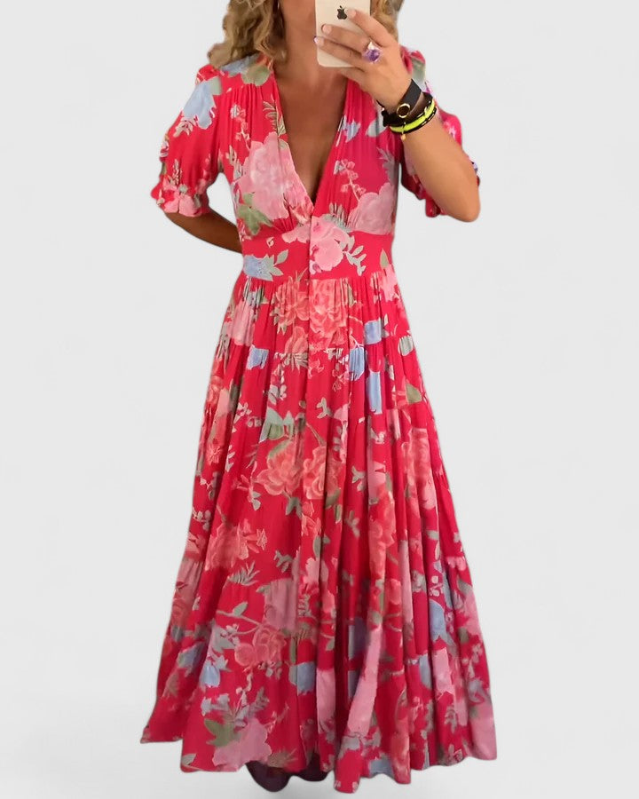 Women's Maxi Dress with Pockets – V-Neck Tiered Skirt
