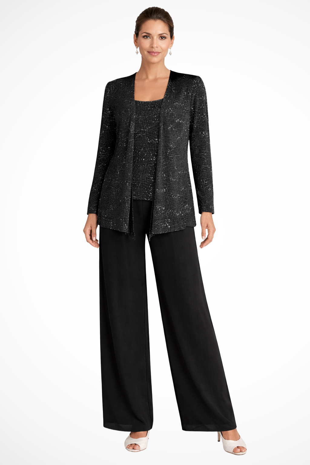 Sequin Lace Three-Piece Suit – Women's Wide Leg Trouser Set