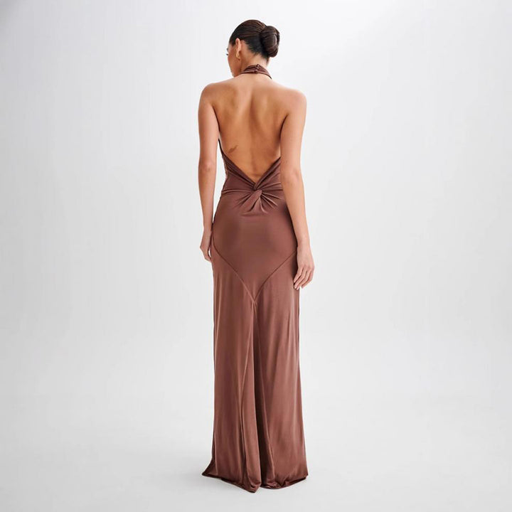 Satin Halter Maxi Gown – Open Back Ruched Waist Dress