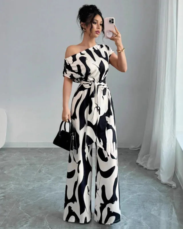 One-Shoulder Jumpsuit – Wide Leg Abstract Print for Women