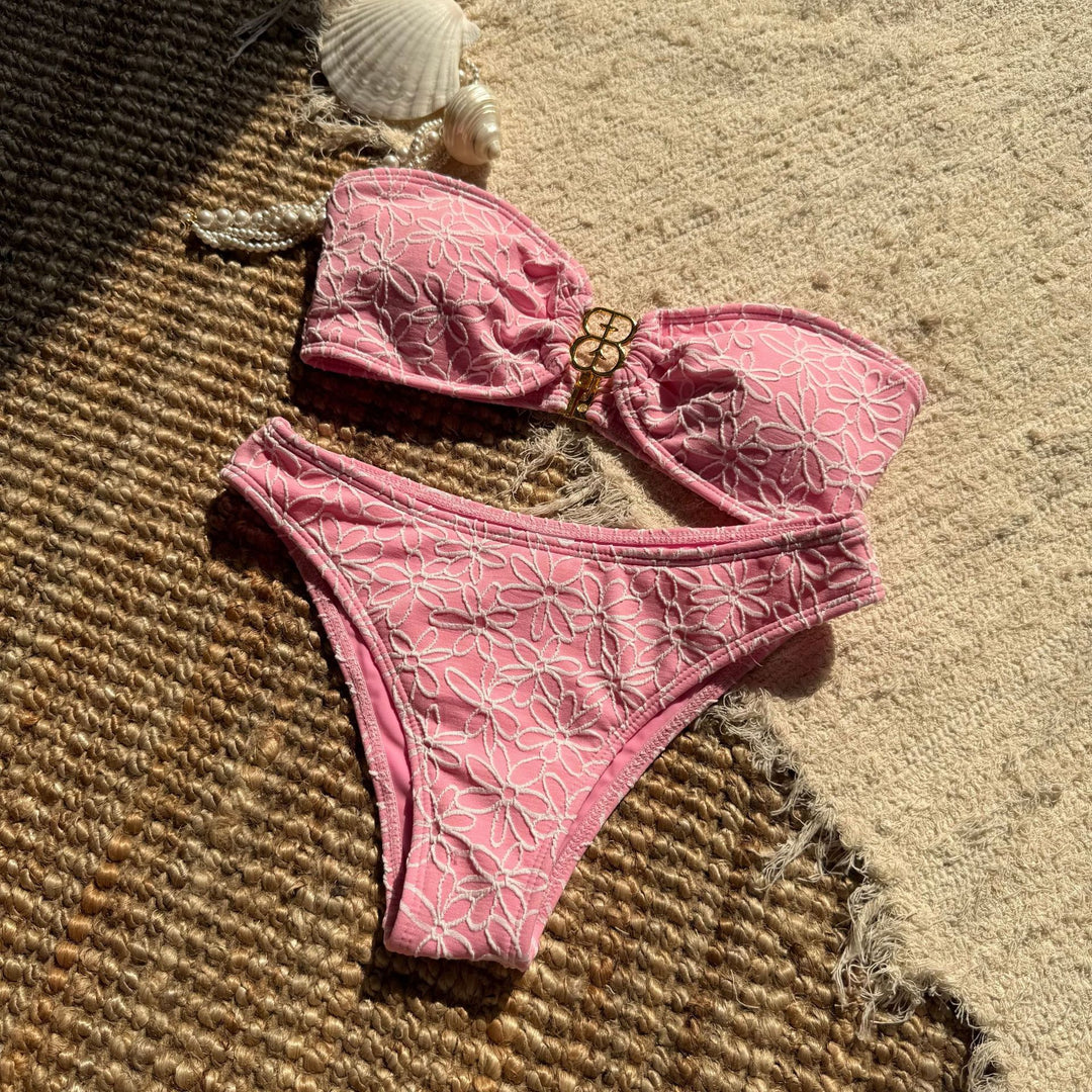 Bandeau Bikini Set – Floral Embroidery High Cut Swimsuit