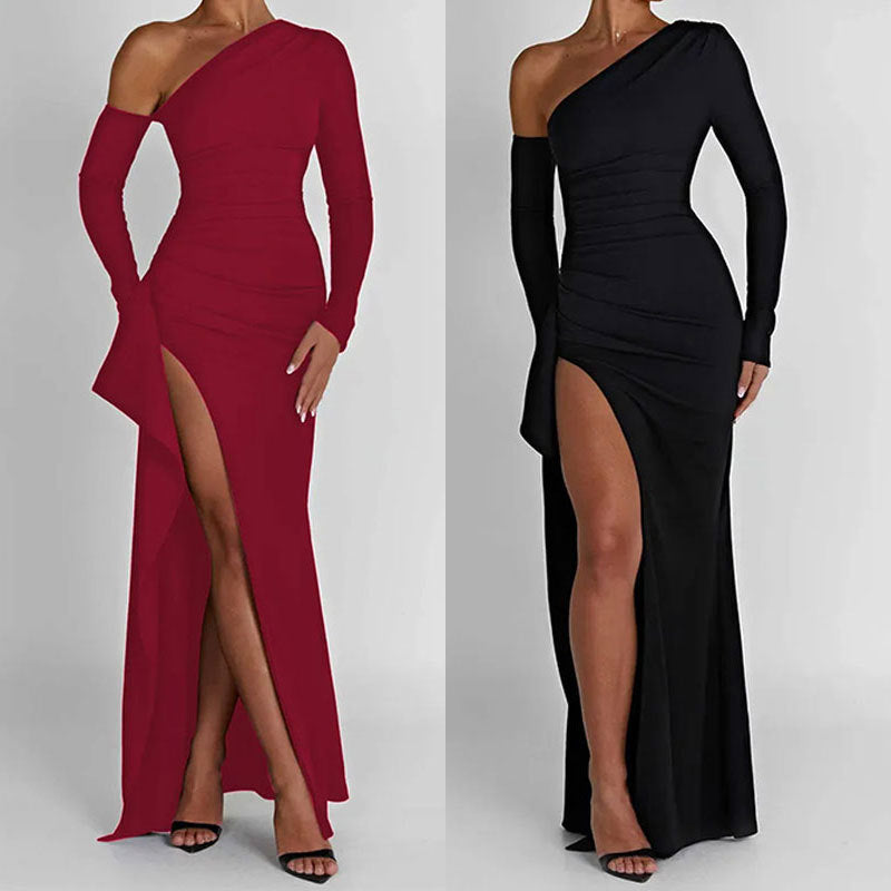 Women's Asymmetric One Shoulder Ruched Maxi Dress – Side Slit